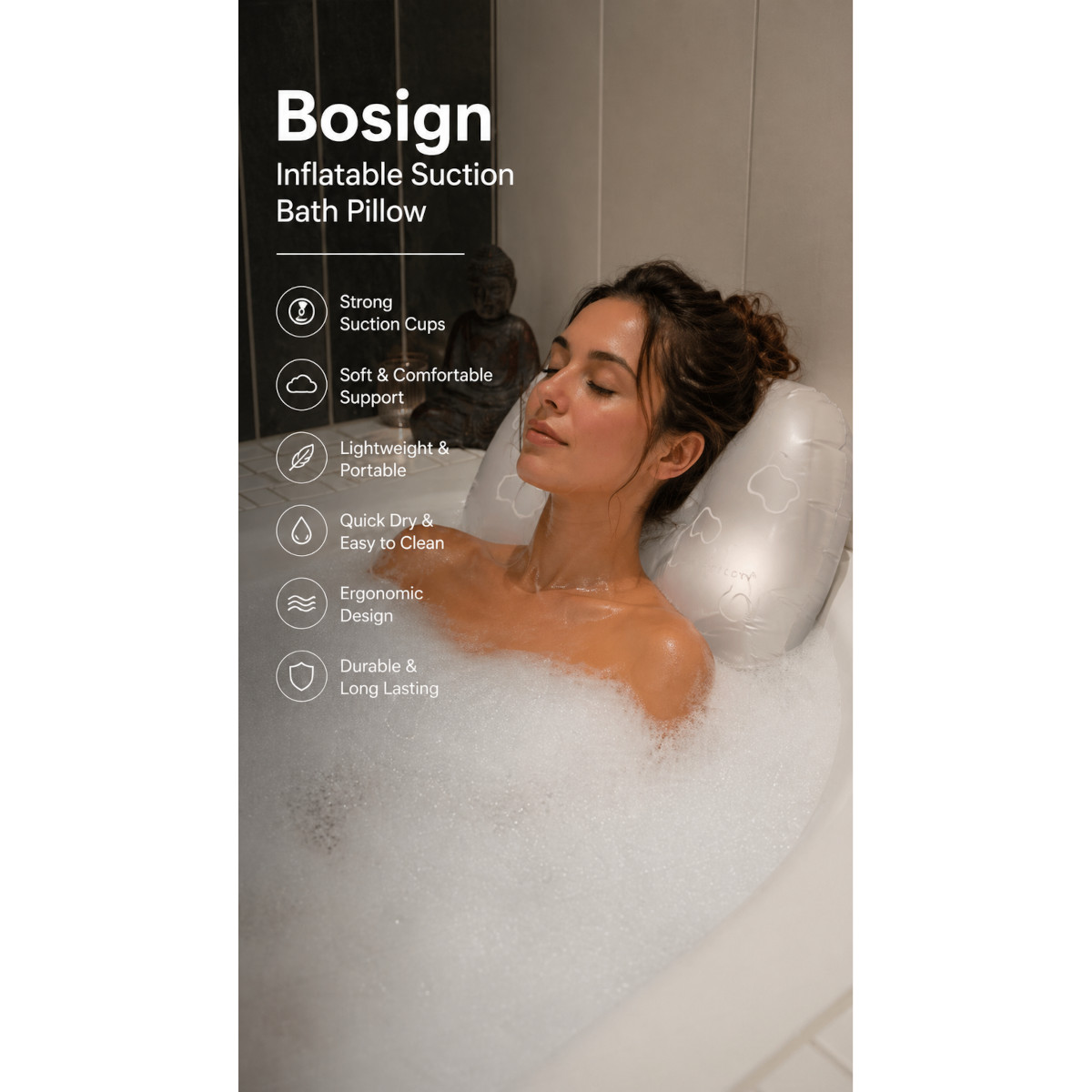 Bosign Inflatable Bath Pillow with Suction Cups – Frost White – image 3