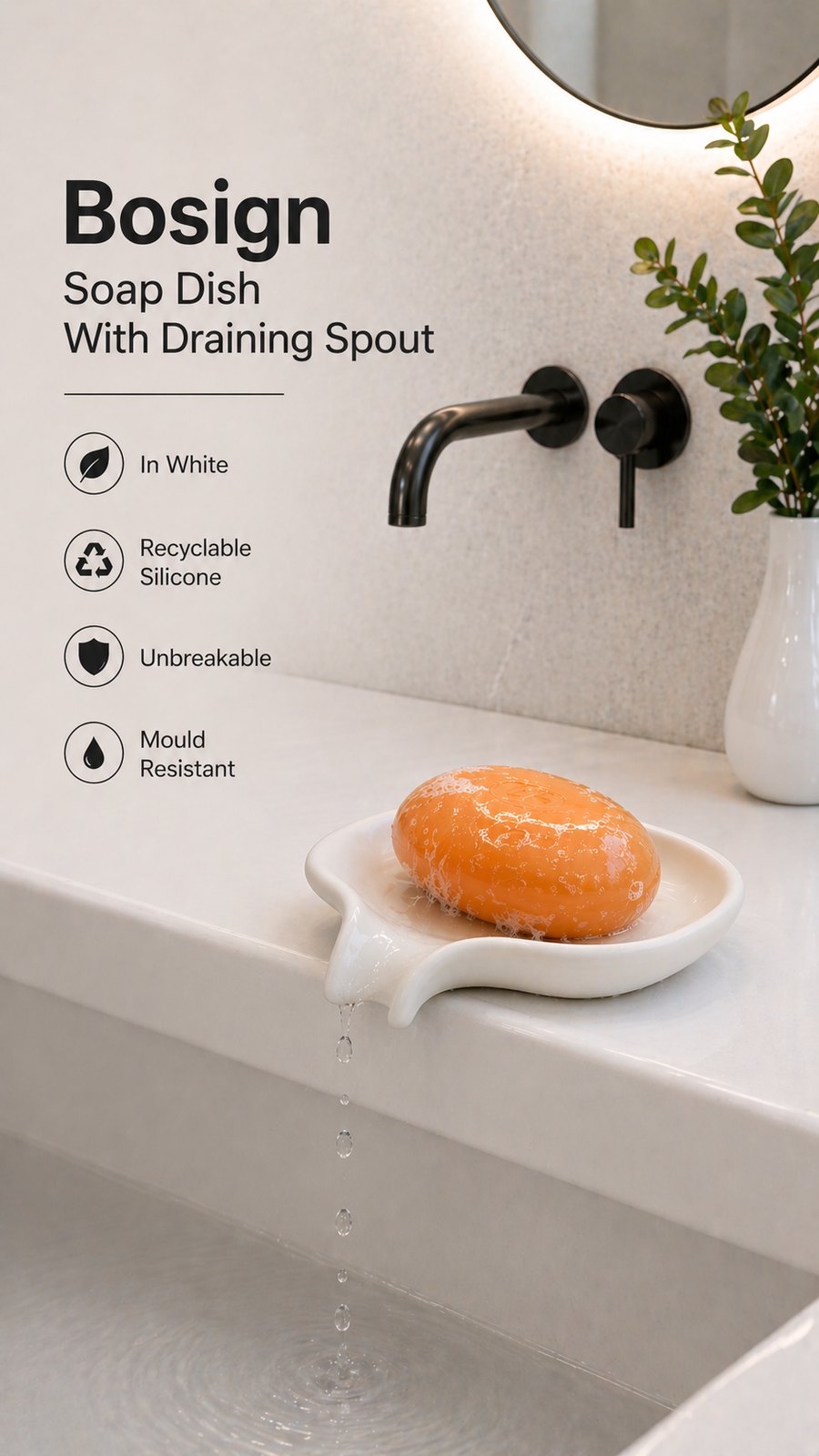 Bosign Flow Draining Soap Dish, Large – White Silicone – image 5