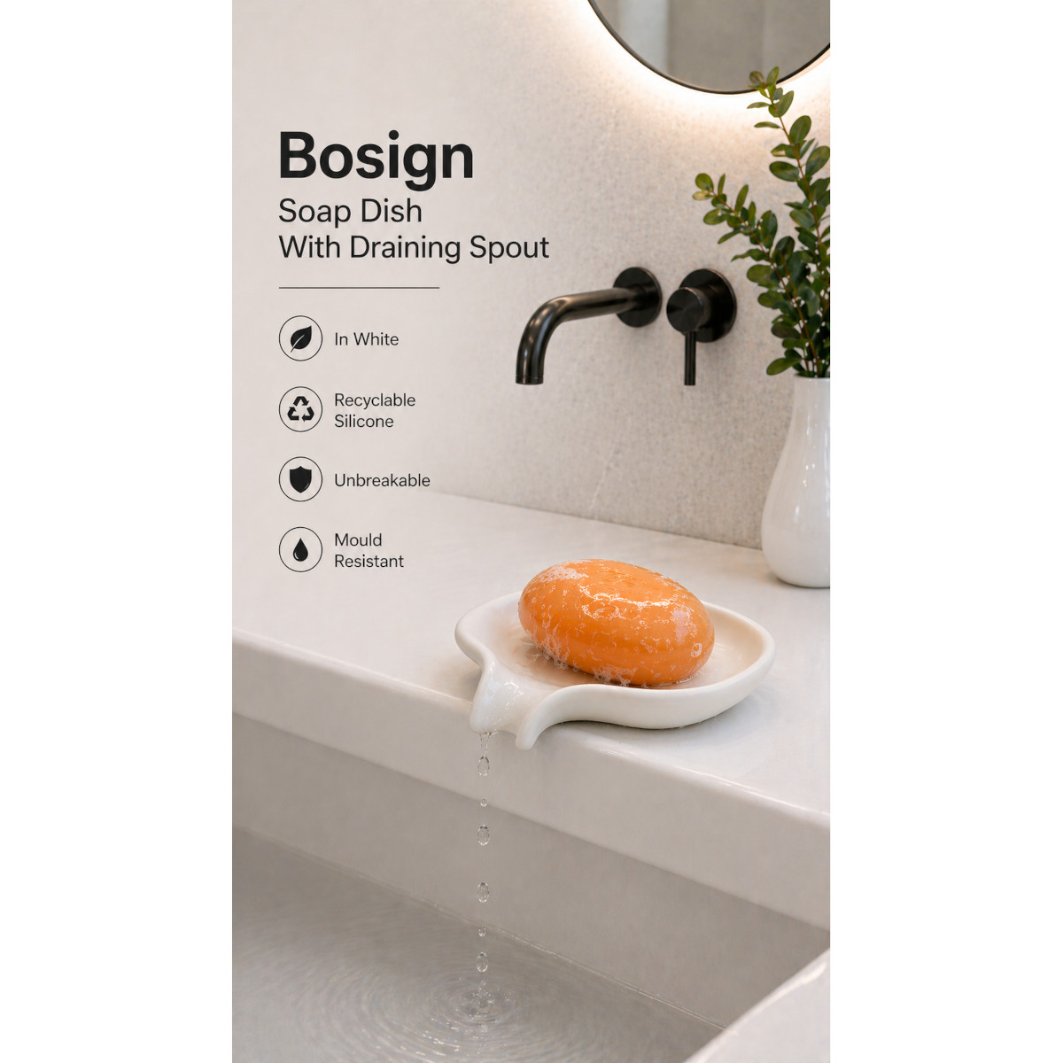 Bosign Flow Draining Soap Dish, Small – Grey Silicone – image 5