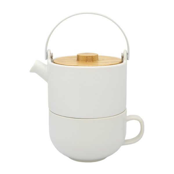 Bredemeijer Umea Tea for One Set – White Stoneware with Bamboo Lid