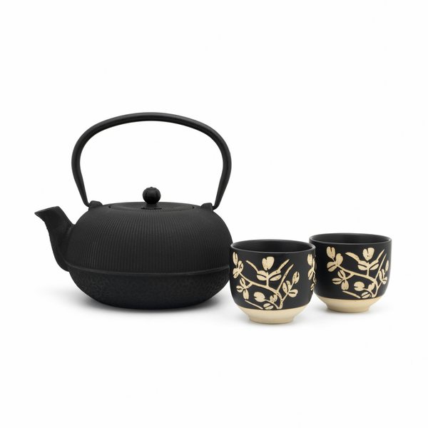Bredemeijer Sichuan Cast Iron Teapot Gift Set 1L with 2 Cups – Black & Ecru