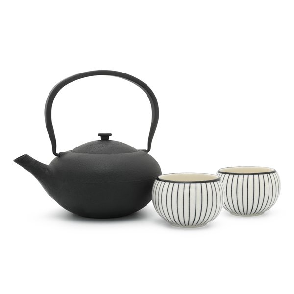 Bredemeijer Shanxi Cast Iron Teapot Gift Set 1L with 2 Porcelain Mugs – Black
