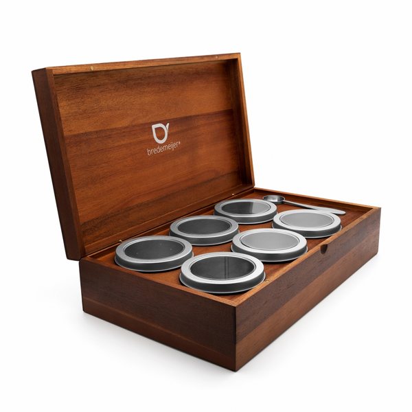 Bredemeijer Acacia Wood Loose Tea Box with 6 Canisters & Spoon