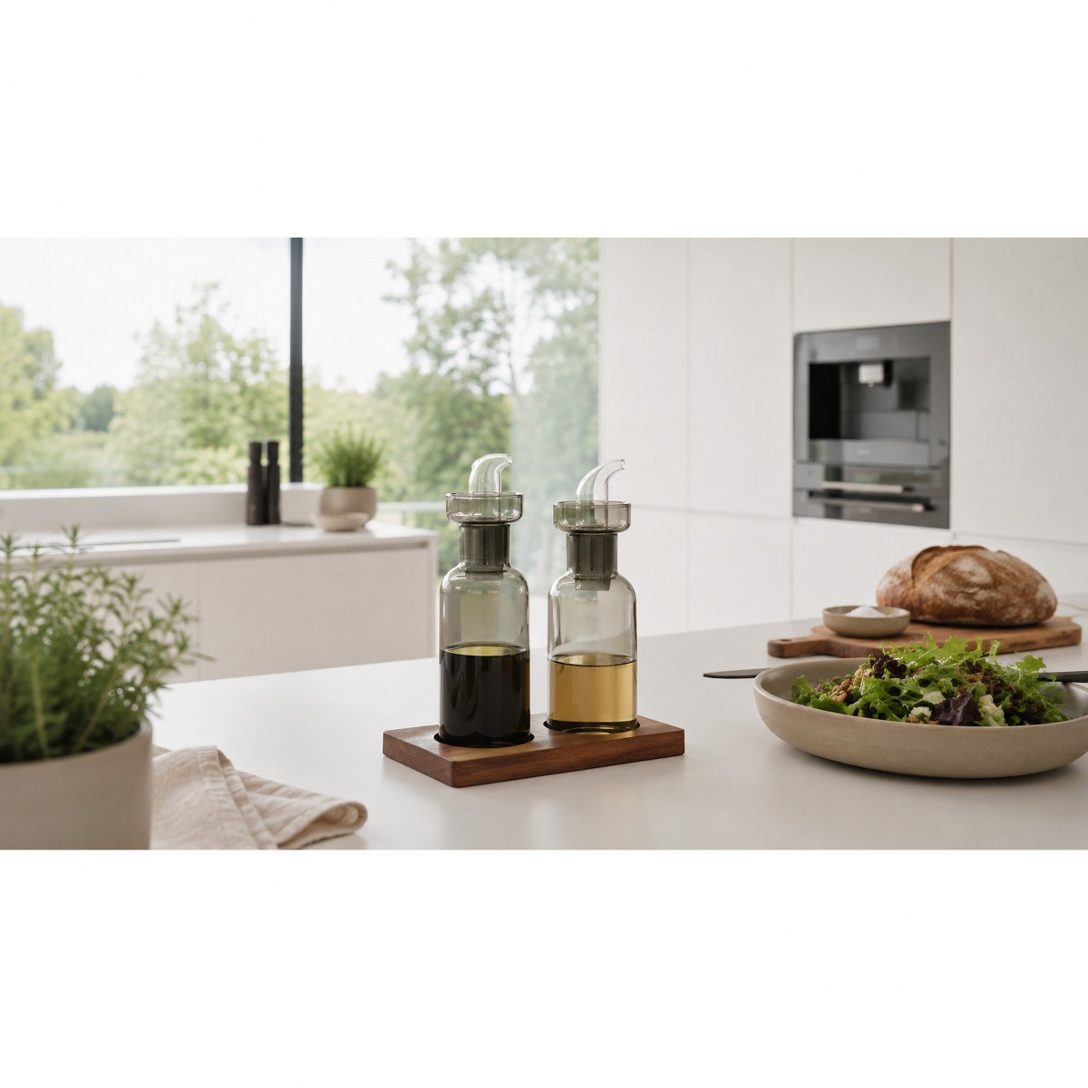 Philippi Duo Smoked Glass Oil & Vinegar Set on Walnut Stand – image 4