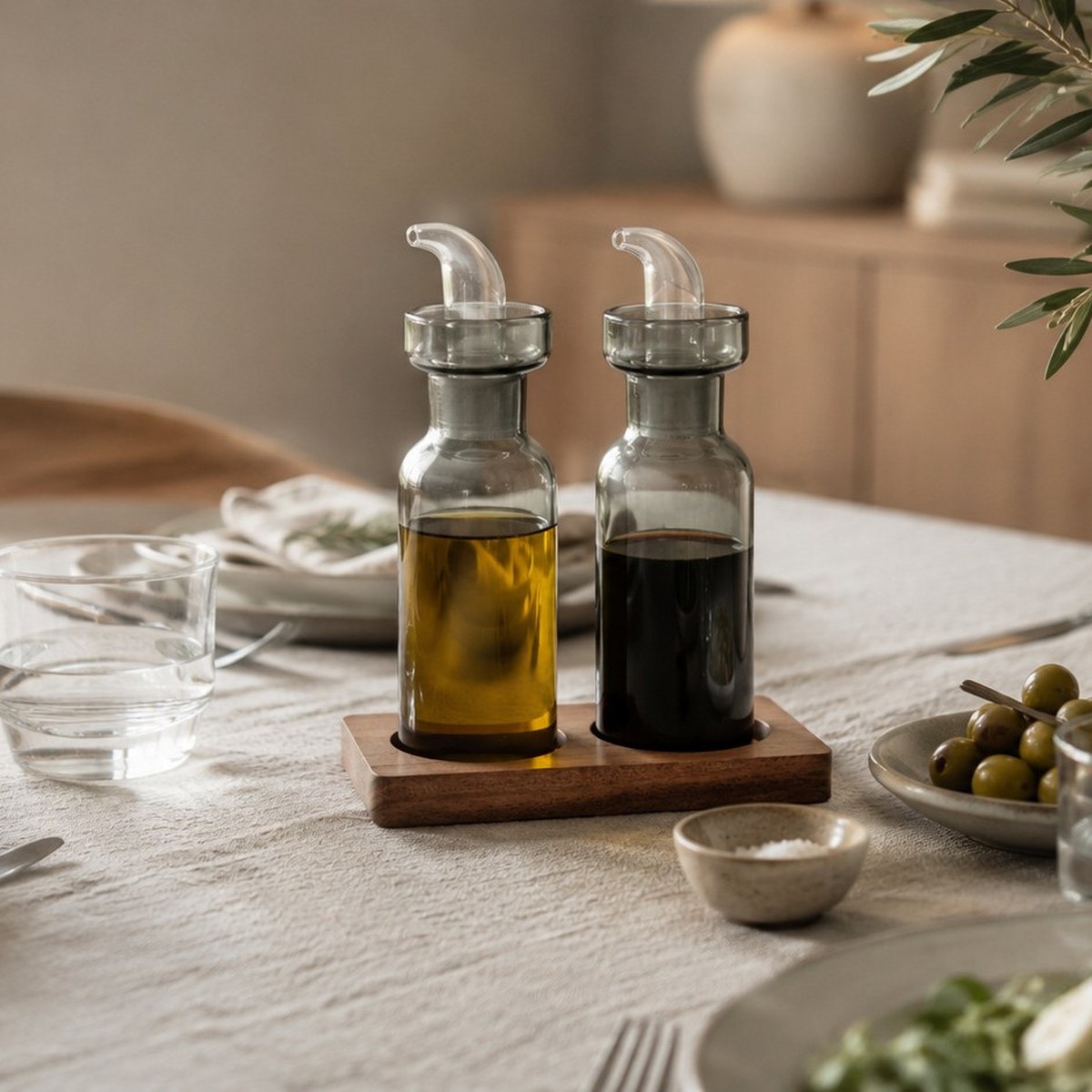 Philippi Duo Smoked Glass Oil & Vinegar Set on Walnut Stand – image 3