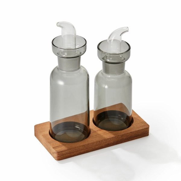 Philippi Duo Smoked Glass Oil & Vinegar Set on Walnut Stand