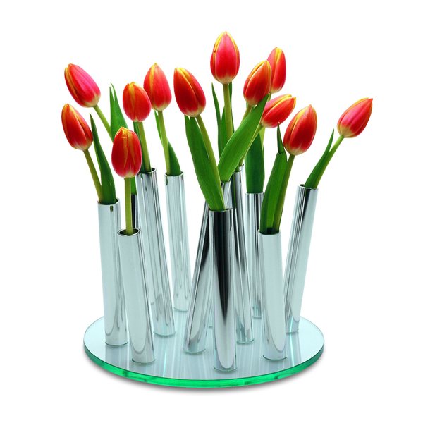 Philippi Bouquet Vase with 11 Stem Tubes – Polished Aluminium & Glass