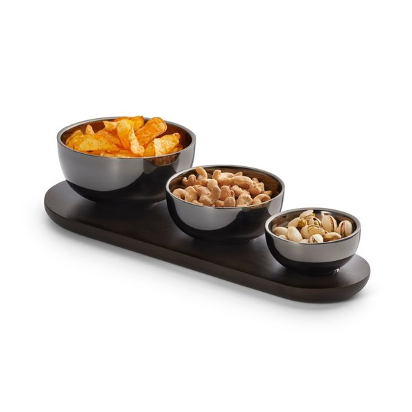 Philippi Trio Black Nickel Bowl Set on Wooden Tray