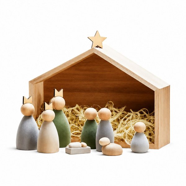 Philippi Krybbe 9-Piece Flocked Plywood Nativity Set