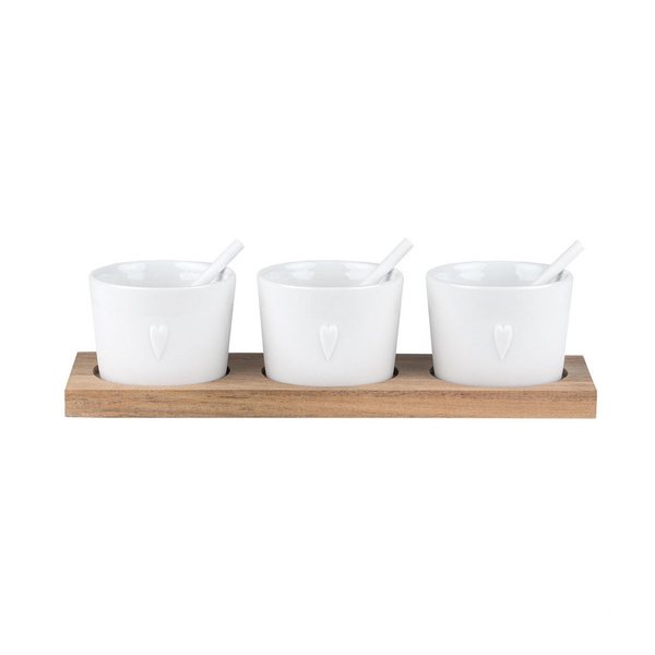 Räder Heart Porcelain Condiment Bowls with Spoons on Acacia Board