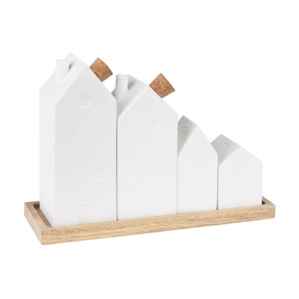 Räder Porcelain House Cruet Set on Acacia Board