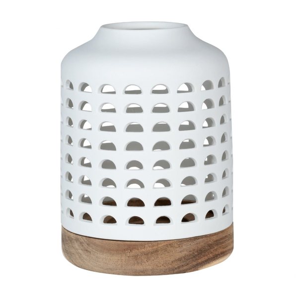 Räder Openwork Porcelain Lantern with Acacia Base – Large