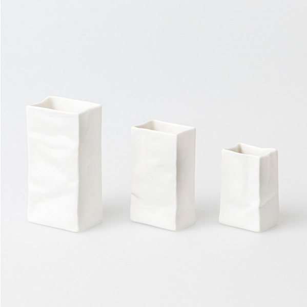 Räder Paper Bag Mini Porcelain Vases, Set of 3 – White