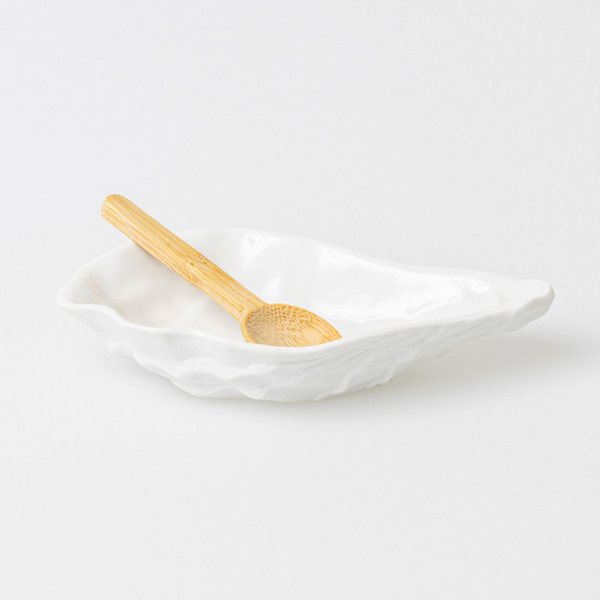Räder Oyster Shell Porcelain Condiment Dish with Bamboo Spoon