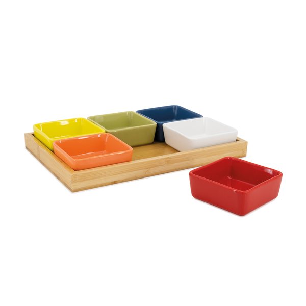 Remember Brights Snack Bowls, Set of 6 with Bamboo Tray