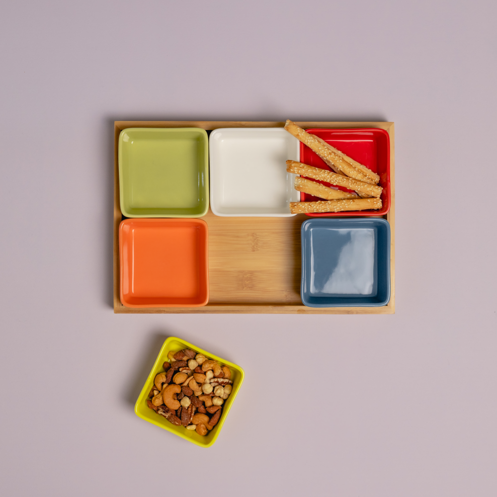 Remember Brights Snack Bowls, Set of 6 with Bamboo Tray – image 4